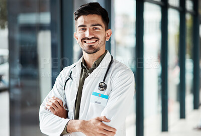 Portrait, doctor arms crossed and man smile for medical services, GP clinic support or professional medicare help. Medicine healthcare expert, hospital insurance and surgeon pride in health wellness