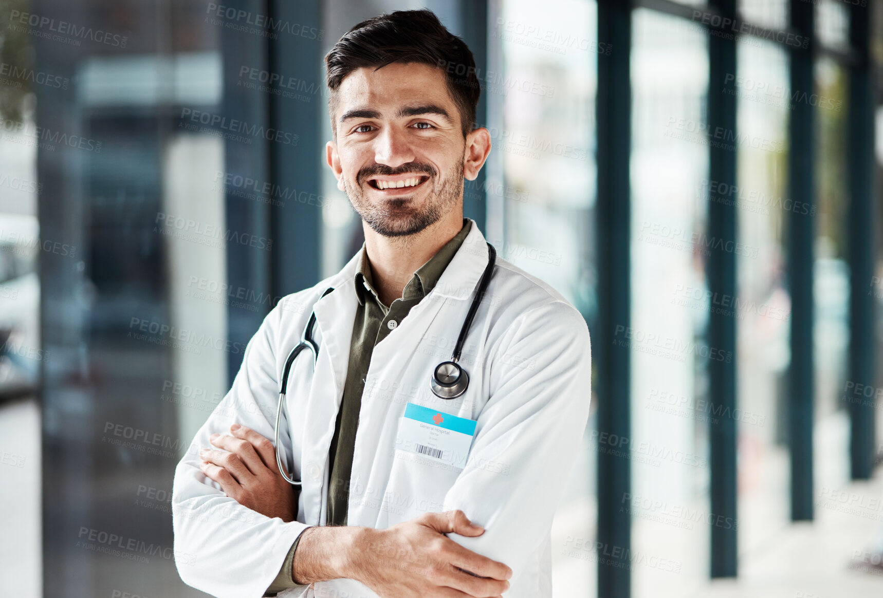 Buy stock photo Portrait, doctor arms crossed and man smile for medical services, GP clinic support or professional medicare help. Medicine healthcare expert, hospital trust and surgeon pride in health wellness