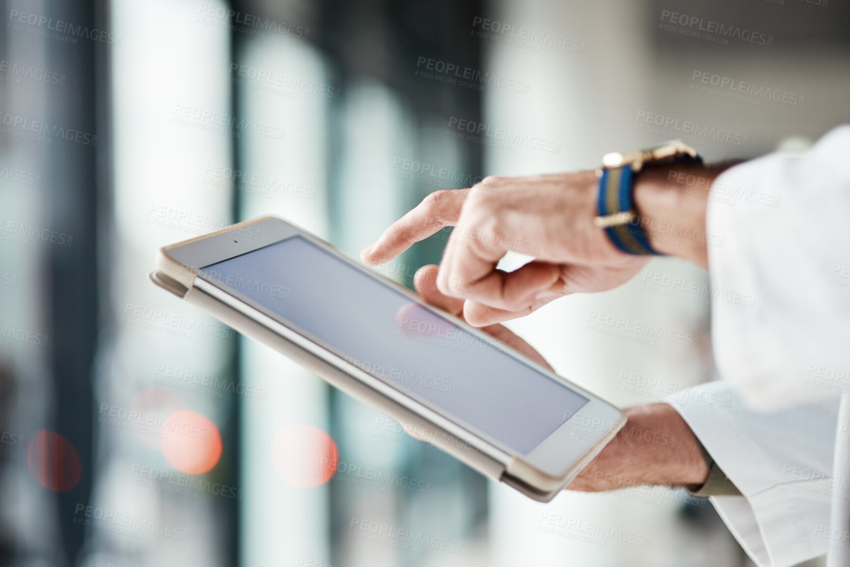 Buy stock photo Hands, doctor and tablet with mockup screen for healthcare, hospital management and telehealth app. Closeup of medical worker, digital technology and space for research, review UX data and planning