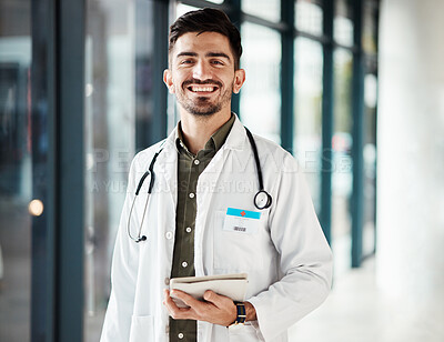 Buy stock photo Portrait, tablet and confident doctor, happy man or surgeon smile for research, medicare insurance and clinic support. Cardiology expert, professional person and healthcare worker for online report