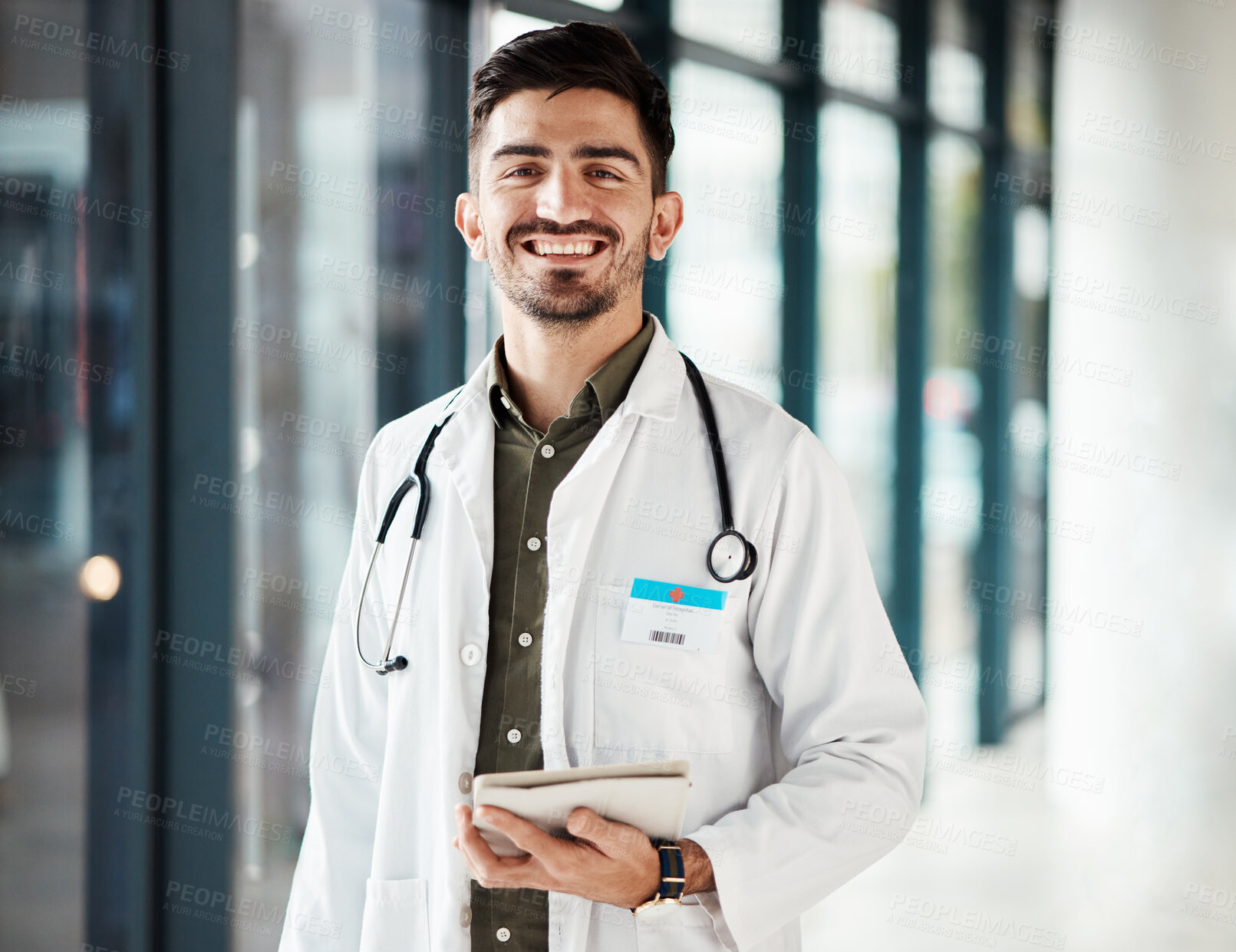 Buy stock photo Portrait, tablet and confident doctor, happy man or surgeon smile for research, medicare insurance and clinic support. Cardiology expert, professional person and healthcare worker for online report