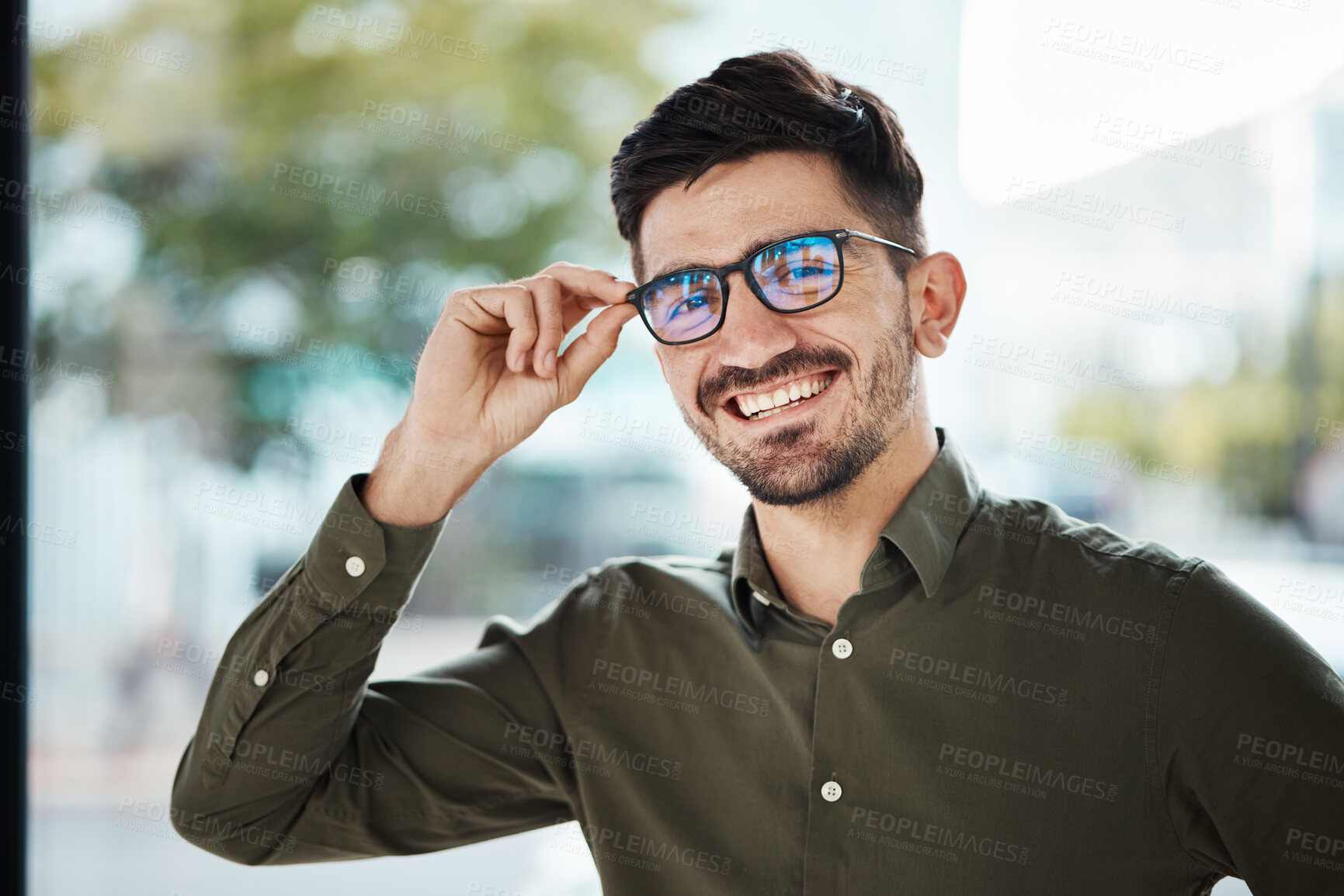 Buy stock photo Portrait, face of man and happy with glasses for vision, eyesight and prescription lens. Young male person smile with new frame for designer eyewear, optical fashion and assessment in eye care clinic