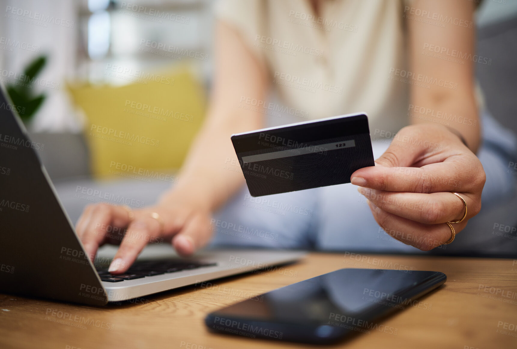 Buy stock photo Hands, credit card and ecommerce on laptop in home for digital payment, fintech password and online shopping. Closeup of person, computer and customer banking for financial bills, budget and account