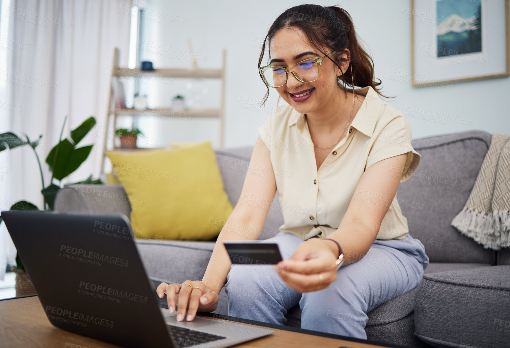 Buy stock photo Woman, credit card and online shopping on laptop in home for digital payment, fintech and ecommerce. Happy female person, computer and internet banking for financial sales, password and web account 