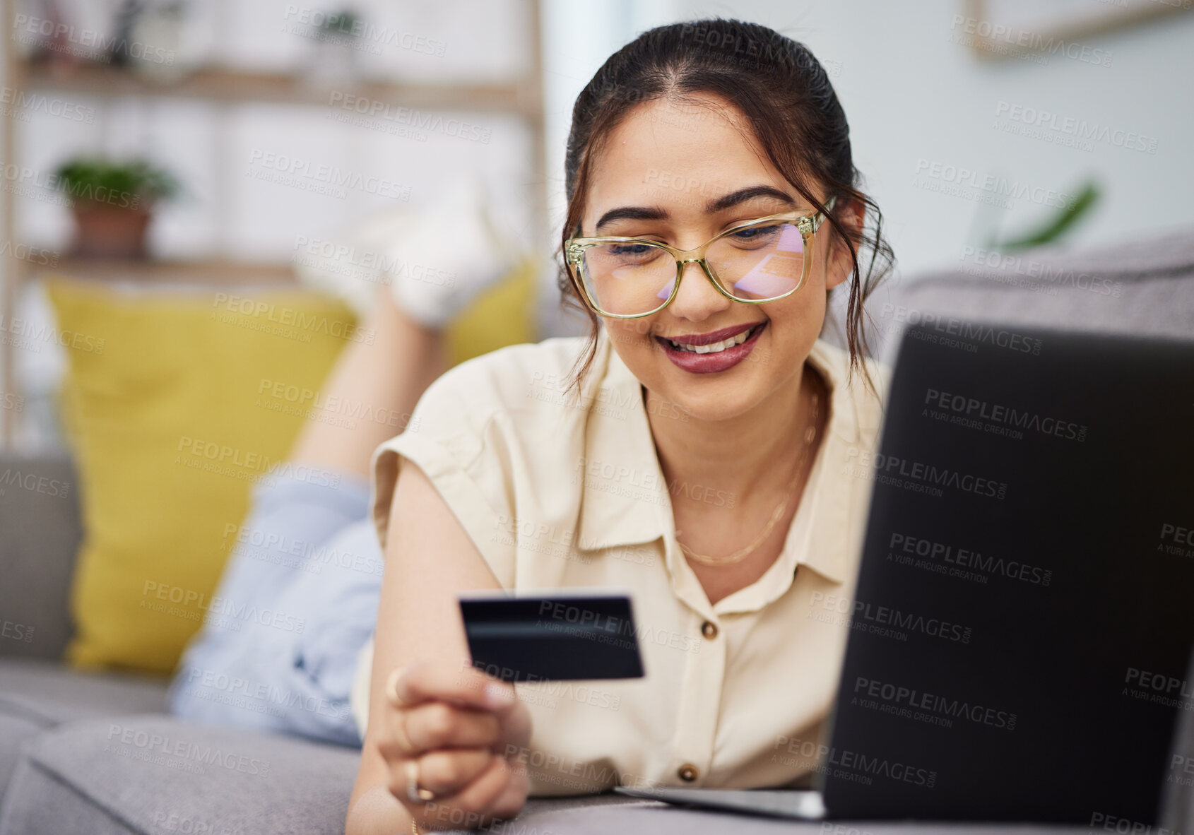 Buy stock photo Woman, credit card and finance with laptop on sofa for digital payment, fintech password and online shopping. Happy female customer, computer and banking code for financial sales investment at home 