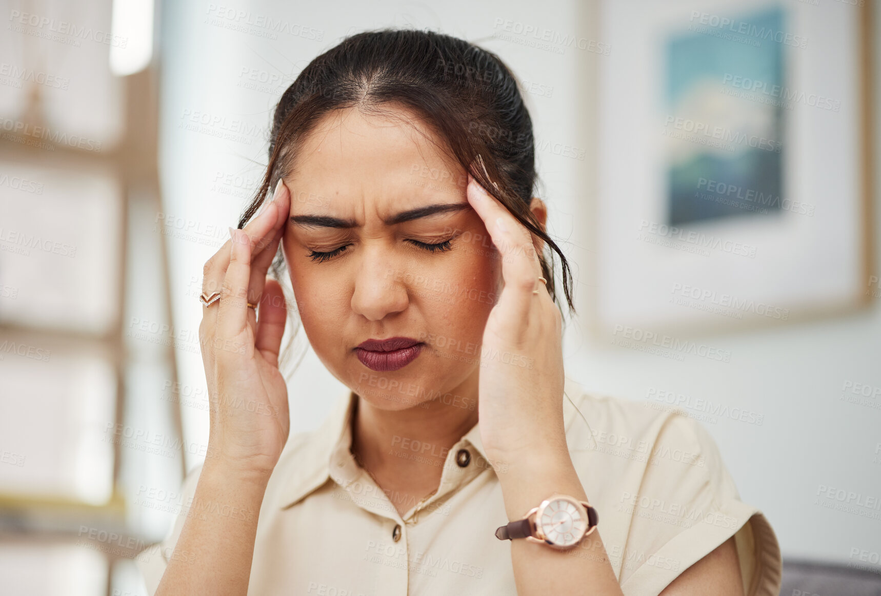 Buy stock photo Face of woman, headache and pain in home from stress, mental health problem and fatigue. Sick, depressed and confused person with anxiety, brain fog and dizzy for worry, sad crisis or frustrated mind