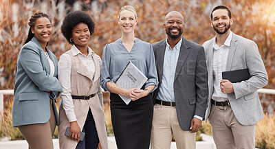Buy stock photo Portrait, diversity and leadership with a business team standing outdoor for corporate development. Management, collaboration and smile with a happy group of professional colleagues outside in autumn