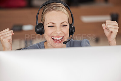 Buy stock photo Call center, winner and consulting with business woman in office for celebration, bonus and success. Customer service, help desk and wow with female employee for promotion, achievement and profit