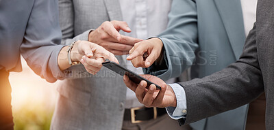 Buy stock photo Business people, phone and hands pointing outdoor to social media and networking app. Group, technology and employee mobile blog with online communication and digital check on company website
