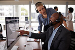 Call center training, talking and employee with a manager for help, advice or telemarketing work. Diversity, computer and a black man and woman in customer service coaching and discussion at a desk