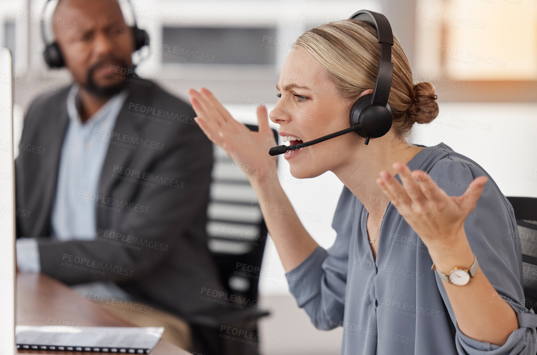 Buy stock photo Frustrated, glitch and call center with business woman in office for anxiety, burnout and mental health. Consulting, receptionist and customer service with employee for anger, fatigue and problem