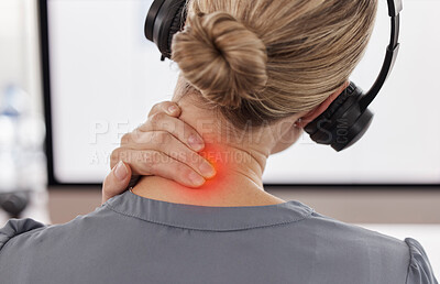 Buy stock photo Call center, neck pain and injury with business woman in office for inflammation, burnout and stress. Accident, tired and strain with closeup of female employee for emergency, frustrated and problem