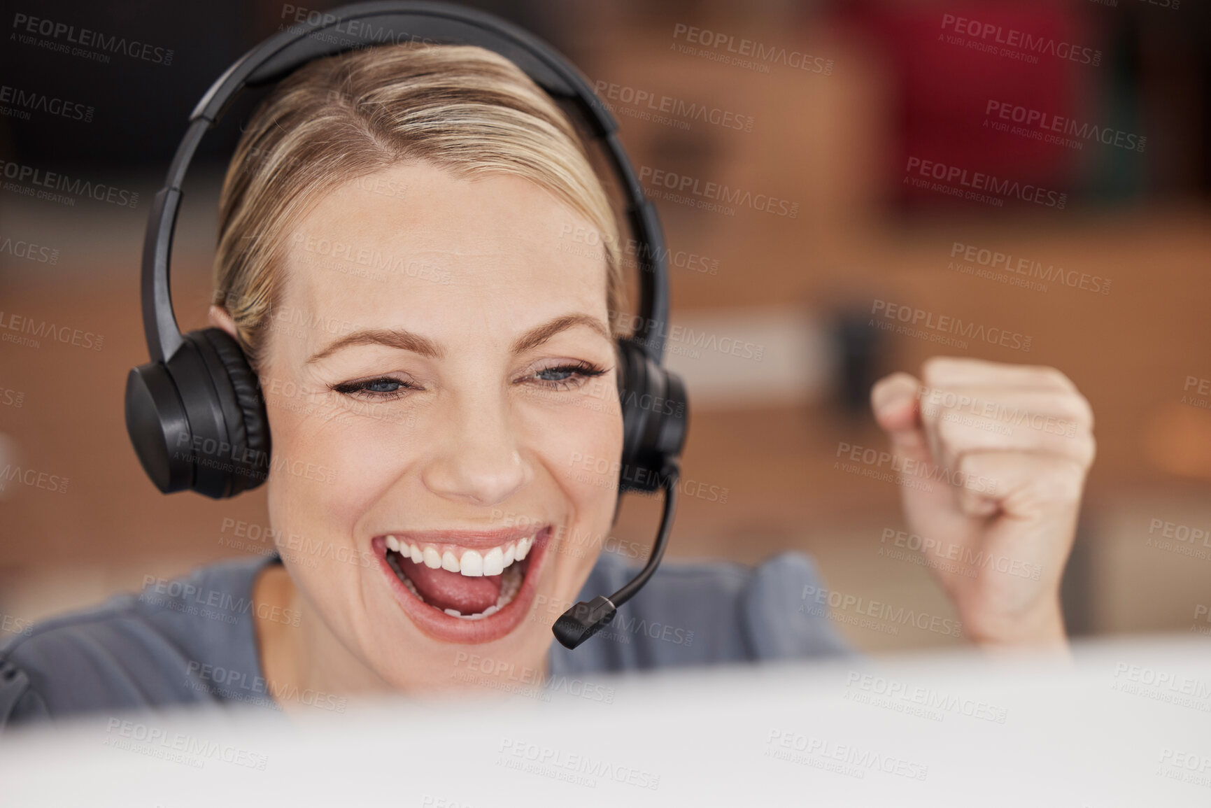 Buy stock photo Call center, success and consulting with business woman in office for celebration, bonus and winner. Customer service, help desk and wow with female employee for promotion, achievement and profit