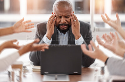 Buy stock photo Stress, hands and businessman with a headache in the office while in a meeting with a team. Burnout, migraine and African professional male manager with project deadline on a laptop in the workplace.