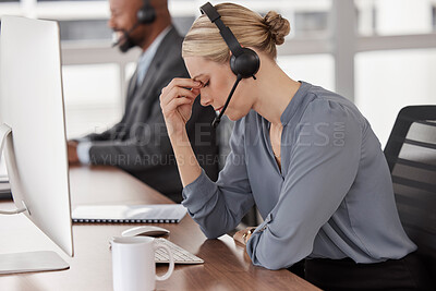 Buy stock photo Stress, tired and call center with business woman in office for anxiety, burnout and mental health. Consulting, receptionist and customer service with employee for anger, fatigue and problem
