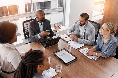 Buy stock photo Business meeting, manager and people planning, management and speaking of financial report or proposal. Diversity women, men and corporate leader on laptop and documents for team or employee feedback