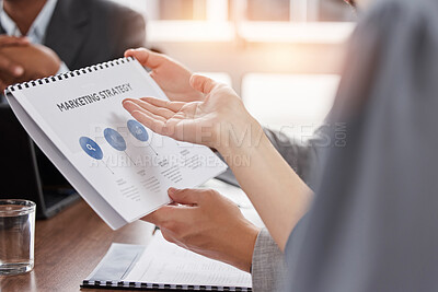 Buy stock photo Documents, marketing strategy and people hands planning, collaboration and infographics for social media growth. Paperwork, proposal and portfolio of business worker or employee in meeting discussion