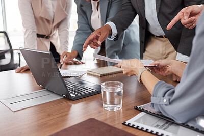 Buy stock photo Hands, meeting and business people with a laptop and report for analysis, investment or trading. Discussion, computer and corporate employees at a desk for teamwork on financial analytics together