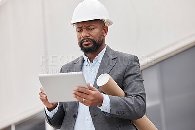 Buy stock photo Tablet, blueprint and an architect manager planning a development project for commercial property. Technology, research and construction with a black man manager reading a floor plan design online