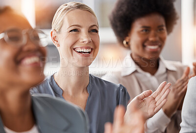 Buy stock photo Business people, face of happy woman and team with applause in seminar, tradeshow and achievement of success. Female worker clapping with crowd to celebrate meeting, workshop and award at conference