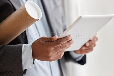 Buy stock photo Hands, architecture and a man with a tablet for internet, infrastructure research or communication. Digital, planning and a contractor or businessman with technology for a construction app or email