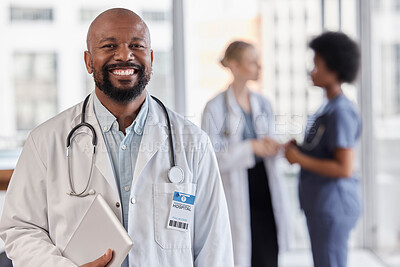 Buy stock photo Smile, portrait and hospital doctor, black man or cardiologist team leader of healthcare trust, medical wellness and cardiology. Group leadership, tablet and African person for professional support