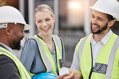 Buy stock photo Construction team, communication and laugh with teamwork and builder collaboration. Building engineer, management or maintenance work of contractor group with funny joke on job site with conversation