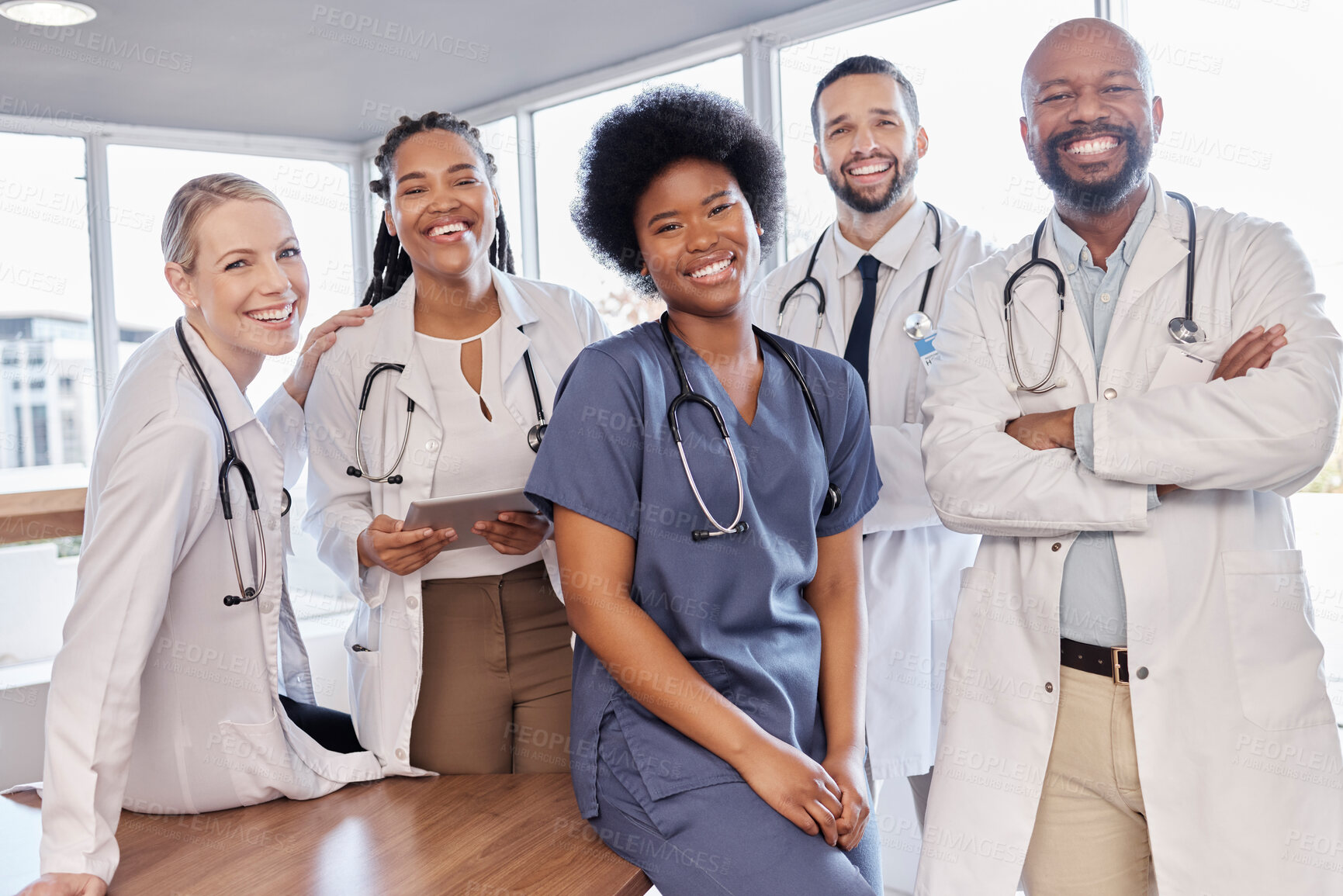Buy stock photo Smile, portrait and hospital doctors, people or surgeon team for healthcare, help services or medical collaboration. Medicine health professional, clinic group solidarity or staff nurses for medicare