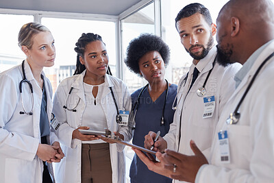 Buy stock photo Teamwork, diversity or hospital people, doctors or surgeon team discussion, medical research or clinic collaboration. Medicine health professional, group report or nurses planning healthcare services