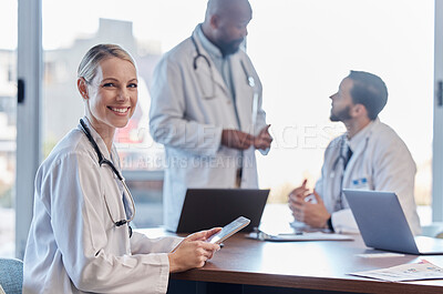 Buy stock photo Portrait, research and hospital doctor, happy woman or surgeon team work on healthcare report, medical help or wellness. Medicine development, tablet and clinic person with online support information