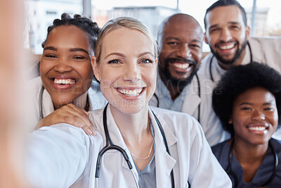 Buy stock photo Selfie, portrait and hospital doctors, happy people or surgeon team smile on healthcare, medical photo or health services. Teamwork support, memory picture or group face of diversity medicare nurses 