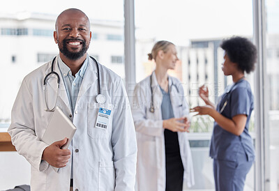 Buy stock photo Happy, portrait and hospital doctor, black man or surgeon team leader smile for healthcare, medical services and clinic help. Medicine expert, tablet and African person for cardiology health support
