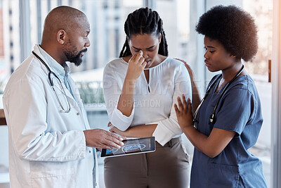 Buy stock photo Sad, medical and tablet with doctor and woman in hospital for results, consulting or empathy. Medicine, healthcare and bad news with man and patient report in african clinic for nurse, help or advice
