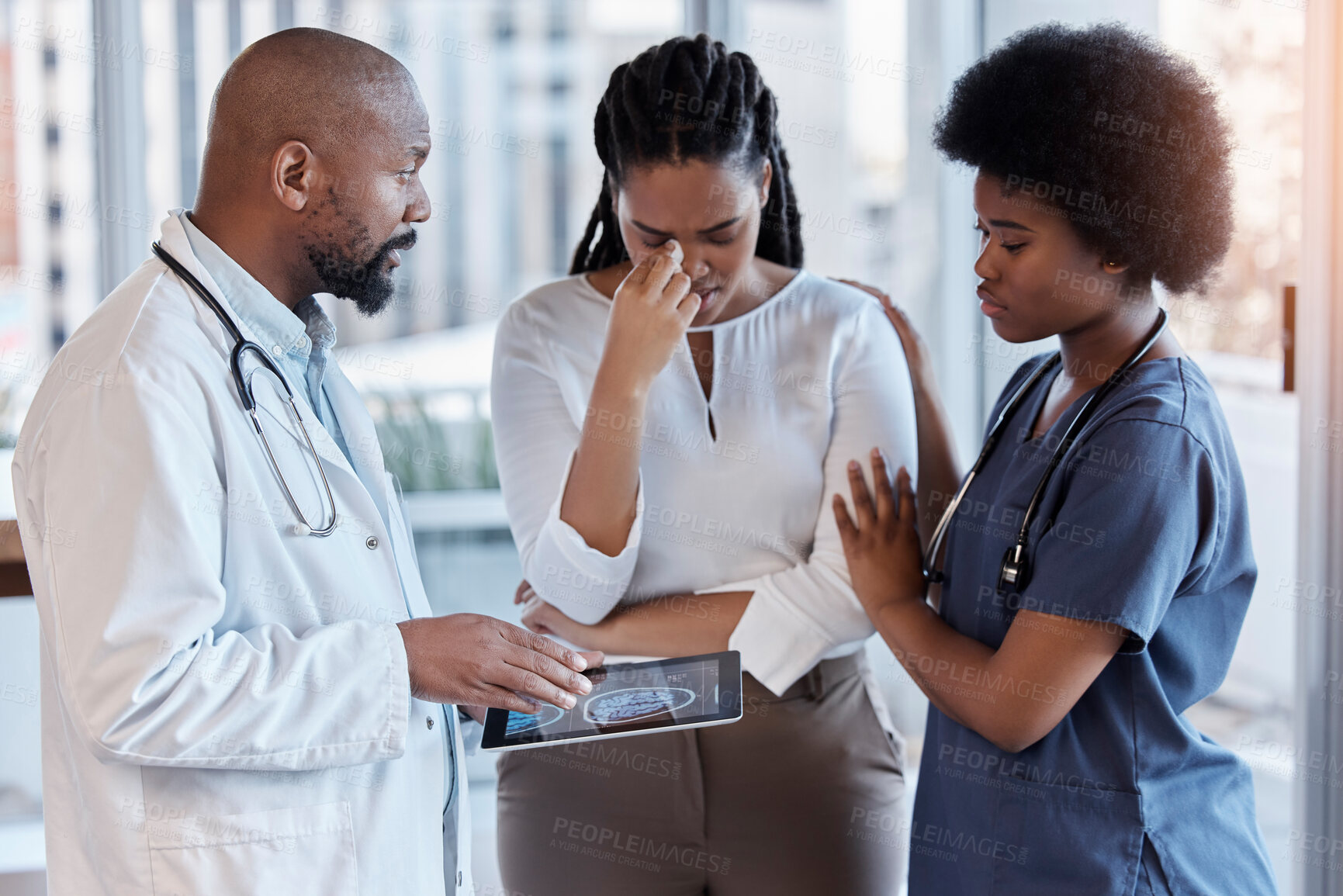 Buy stock photo Sad, medical and tablet with doctor and woman in hospital for results, consulting or empathy. Medicine, healthcare and bad news with man and patient report in african clinic for nurse, help or advice