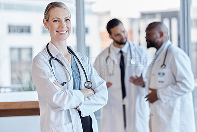 Buy stock photo Woman, happy and portrait of a doctor with arms crossed in a hospital for medical service. Smile, pride and a female nurse or surgeon with confidence while working at a clinic and leadership