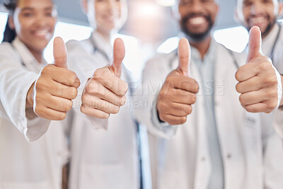 Buy stock photo Thumbs up, hands and hospital doctors, happy people or surgeon team healthcare vote, medical feedback or health agreement. Teamwork support, emoji like icon and wellness clinic group with yes gesture