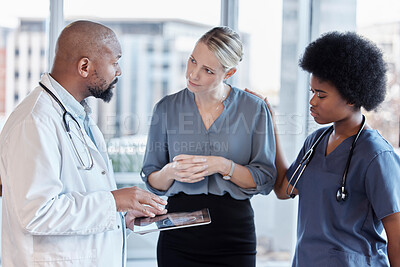 Buy stock photo Tablet, doctors and business woman planning, healthcare service and management, schedule and teamwork. Nurse, medical professional and people on digital technology for feedback or hospital data