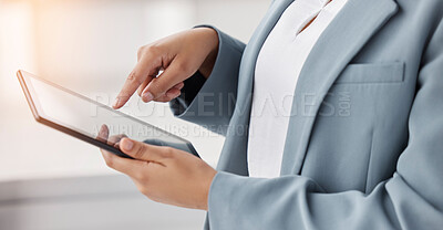 Buy stock photo Hands, typing and a person with a tablet at work for communication, email or internet research. Closeup, business and an employee with technology for analysis, website or working online in an office