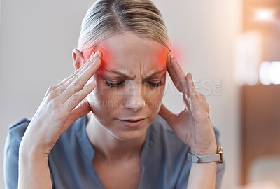 Buy stock photo Business woman, headache and stress with thinking, red glow or overlay for burnout at finance job. Accountant employee, pain and tired with fail, depressed and fatigue with pressure at modern office