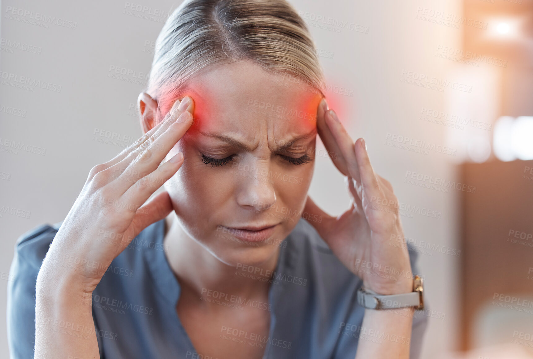 Buy stock photo Business woman, headache and stress with thinking, red glow or overlay for burnout at finance job. Accountant employee, pain and tired with fail, depressed and fatigue with pressure at modern office