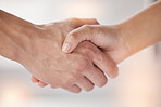 Closeup, shaking hands and people meeting for introduction, agreement and support of deal, partnership and welcome. Handshake for greeting hello, thank you and networking with trust, success and team