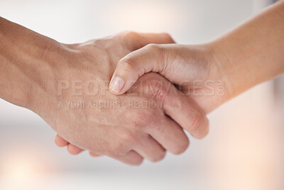 Buy stock photo Closeup, shaking hands and people meeting for introduction, agreement and support of deal, partnership and welcome. Handshake for greeting hello, thank you and networking with trust, success and team