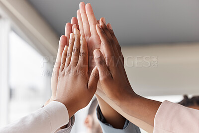 Buy stock photo Team building, hands and business people high five in collaboration, support and circle of trust for motivation. Closeup, teamwork and helping hand of group for success, mission or office celebration
