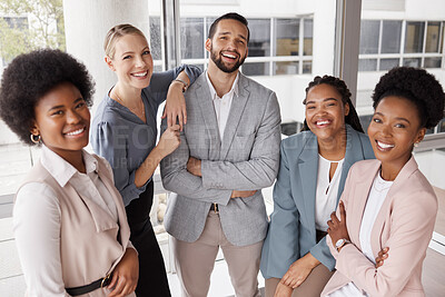 Buy stock photo Business, group and portrait with smile at workplace with pride for finance teamwork. Professional, people and happy with diversity or confidence at corporate company with support with leadership. 