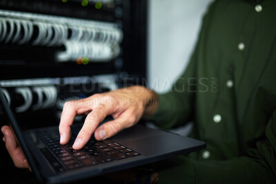 Buy stock photo Server room hands, laptop and technician at work for cyber security and building network. Programming, coding and a person or it worker with a computer for a connection system in the workplace