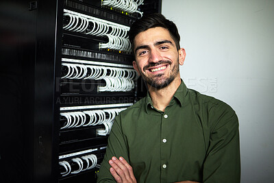 Buy stock photo Engineer man, cables and portrait in a server room for network, maintenance and software upgrade. Young male technician person with a smile in data center for wire, hardware and internet connection
