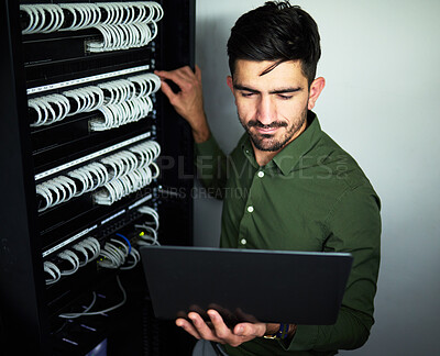 Buy stock photo Laptop, data center and male technician in a server room for technical repairs by a control box. Technology, engineering and professional man electrician working on computer for cybersecurity system.