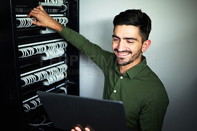 Buy stock photo Laptop, maintenance and male technician in a server room for technical repairs by a control box. Technology, engineering and professional man electrician working on computer for cybersecurity system.