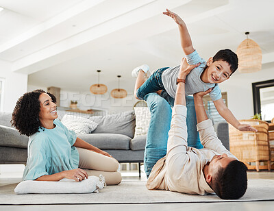 Buy stock photo Portrait, mother or child playing with father on floor relaxing as a happy family bonding in Portugal with love. Care, flying airplane game or parents smile with a kid enjoying fun time on a holiday 