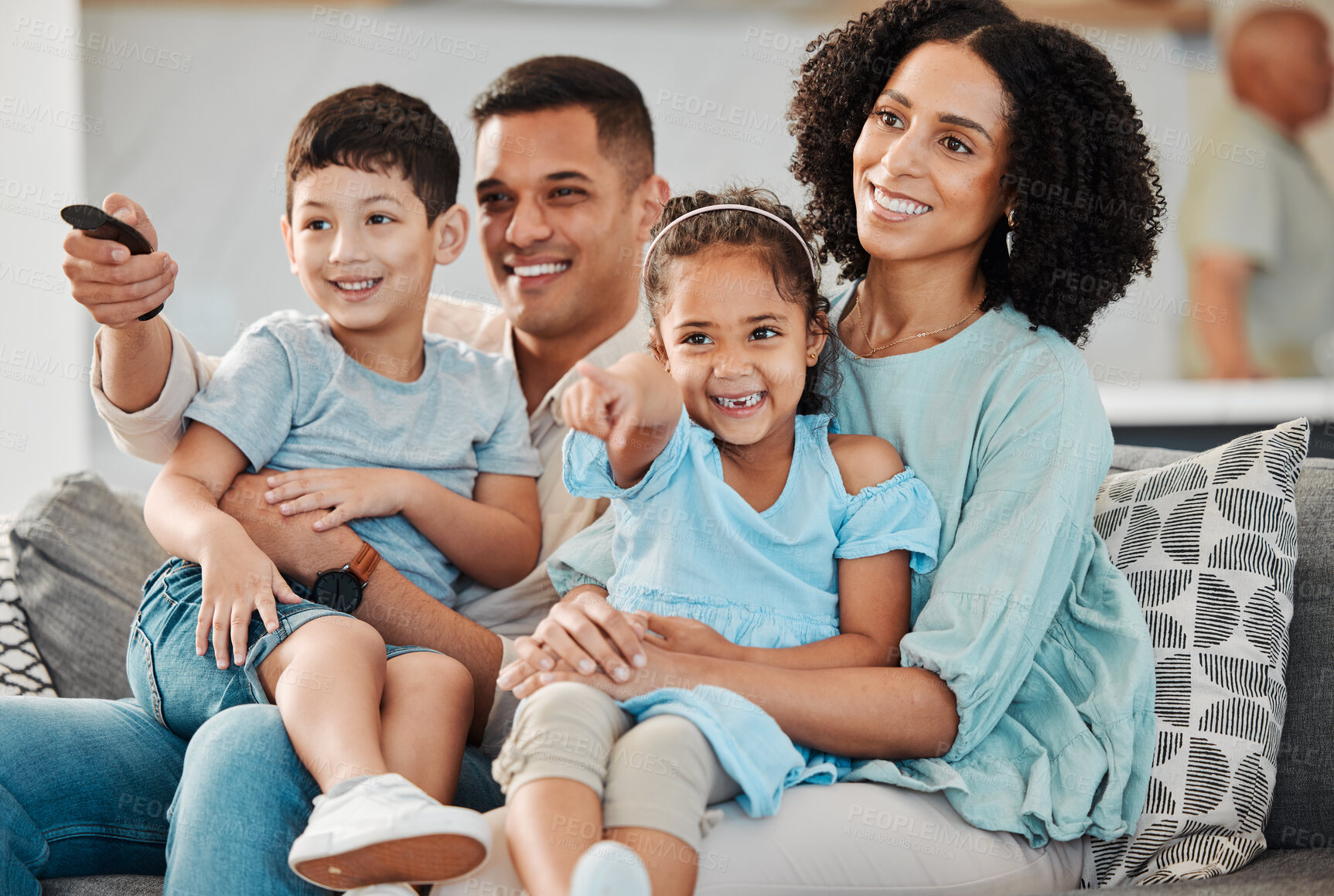 Buy stock photo Happy, relax and family watch television show, network subscription movie or streaming service film. Living room sofa, bond or home mom, dad and children watching tv, entertainment or kids cartoon
